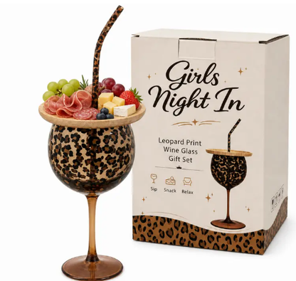Leopard Print Glass Gift Set Stemmed Wine Glasses with Charcuterie Board