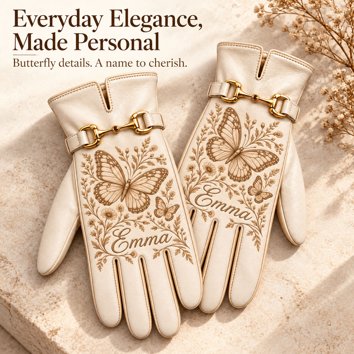 ✨ Personalized Elegance: Custom Engraved Leather Gloves with Gold Accent ✨