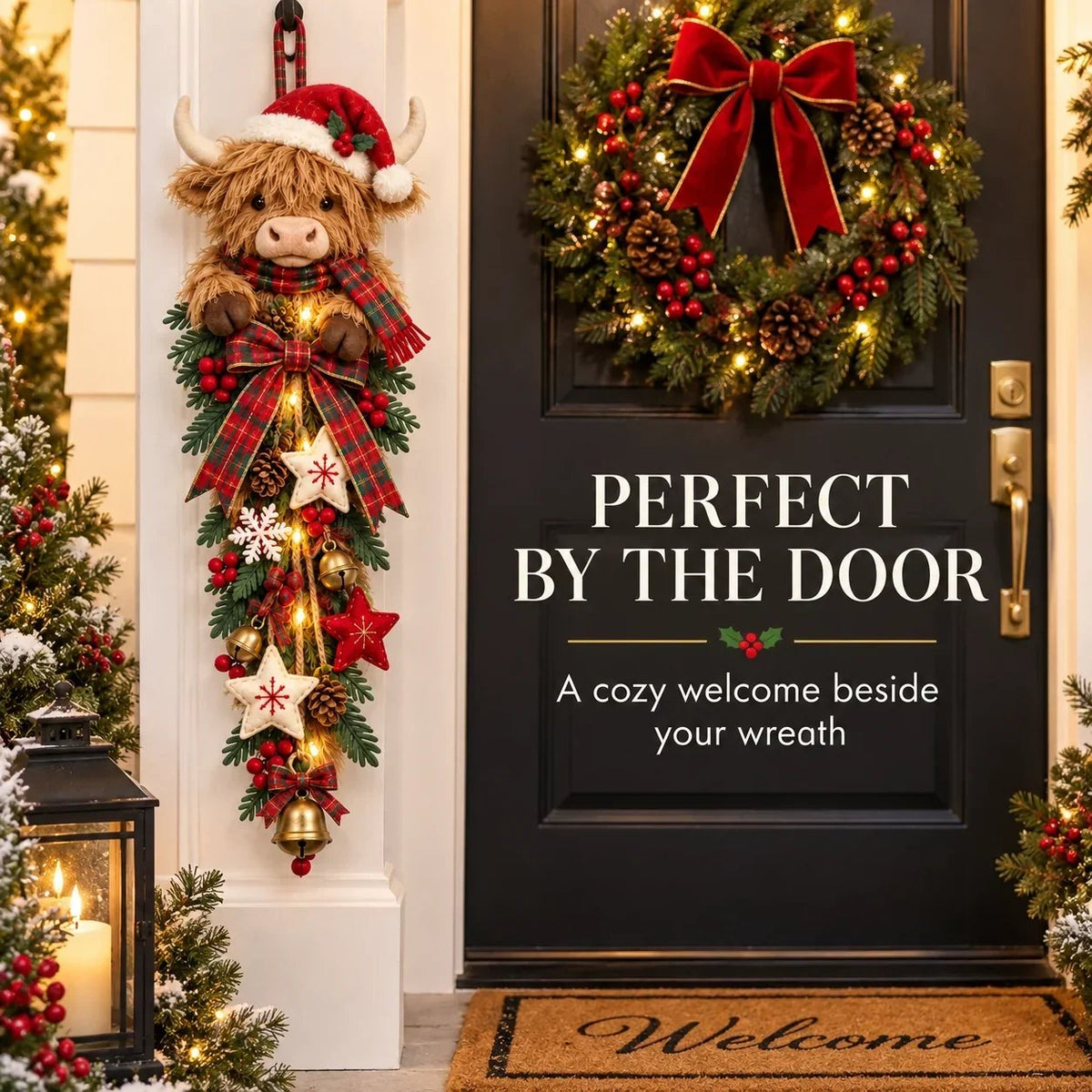 🐮🎄 Lighted Highland Cow Christmas Door Swag – A Cozy Holiday Welcome