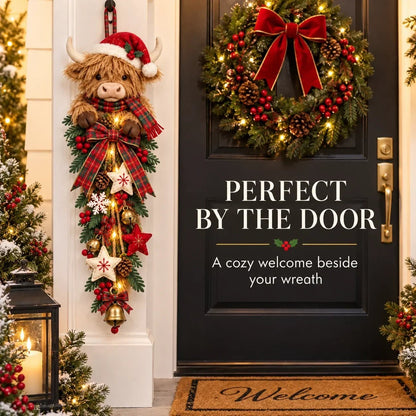 🐮🎄 Lighted Highland Cow Christmas Door Swag – A Cozy Holiday Welcome