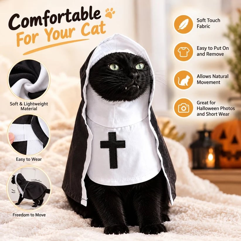 🐈‍⬛ Holy Cat Nun Costume – Funny Halloween Cat Outfit, Cute Black & White Pet Costume for Photos & Cat Lovers 🎃