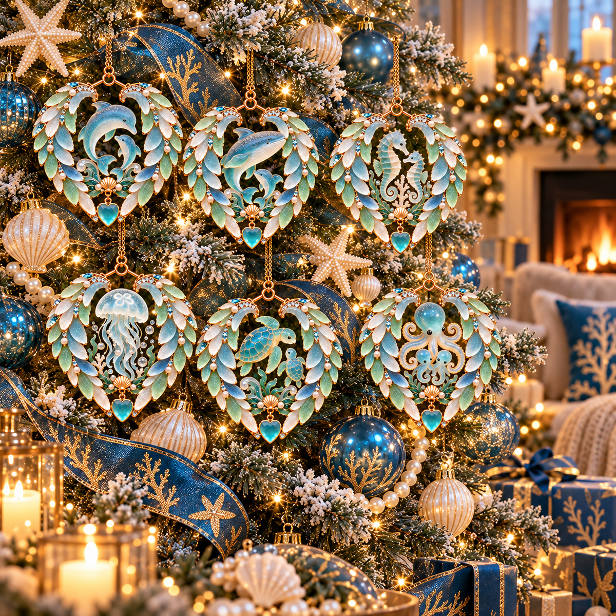 2026 Ocean Wonders Christmas Ornaments – 6-Piece Coastal Sea Life Heart Ornament Collection | Unique Christmas Tree Decorations & Gifts for Ocean Lovers