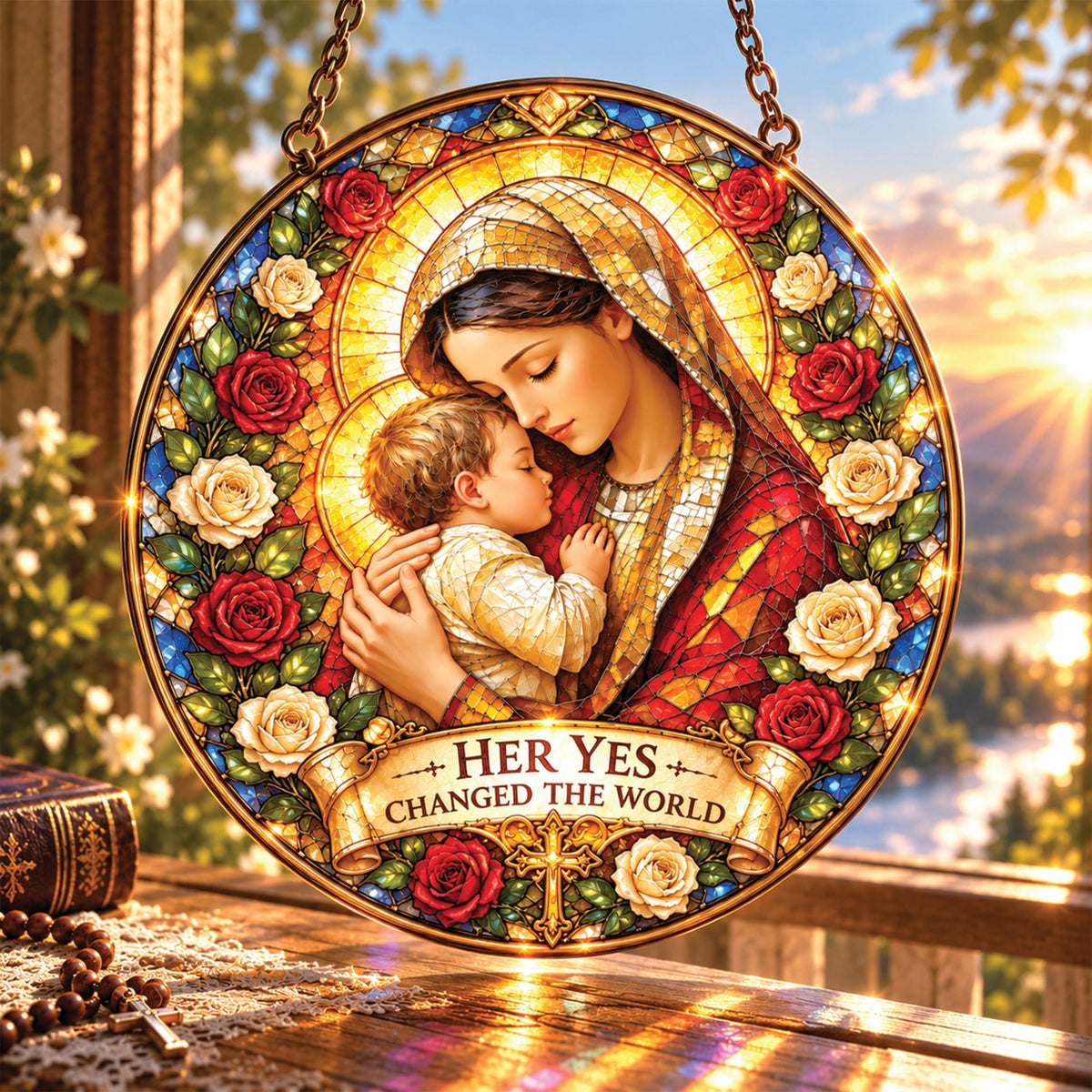 Christian Stained Glass Suncatcher – Faith Window Hanging Ornament with Bible Verse