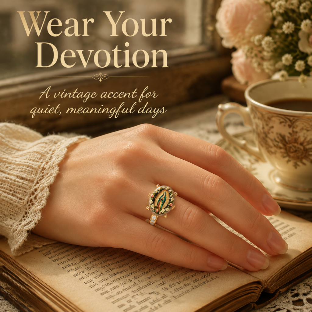 Vintage floral oval print ring featuring the Virgin Mary