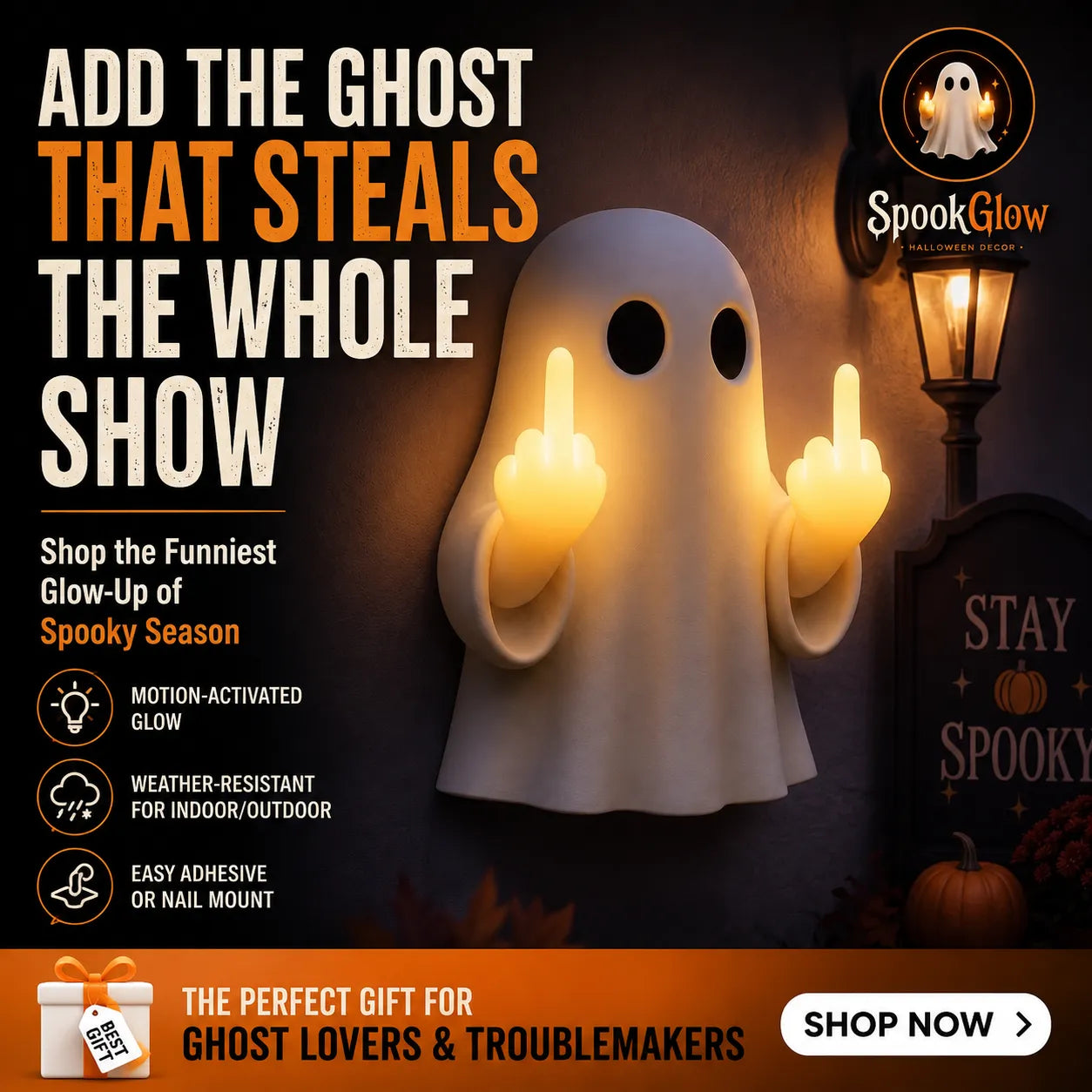 👻SpookGlow Funny Middle‐Finger Ghost Wall Decor✨