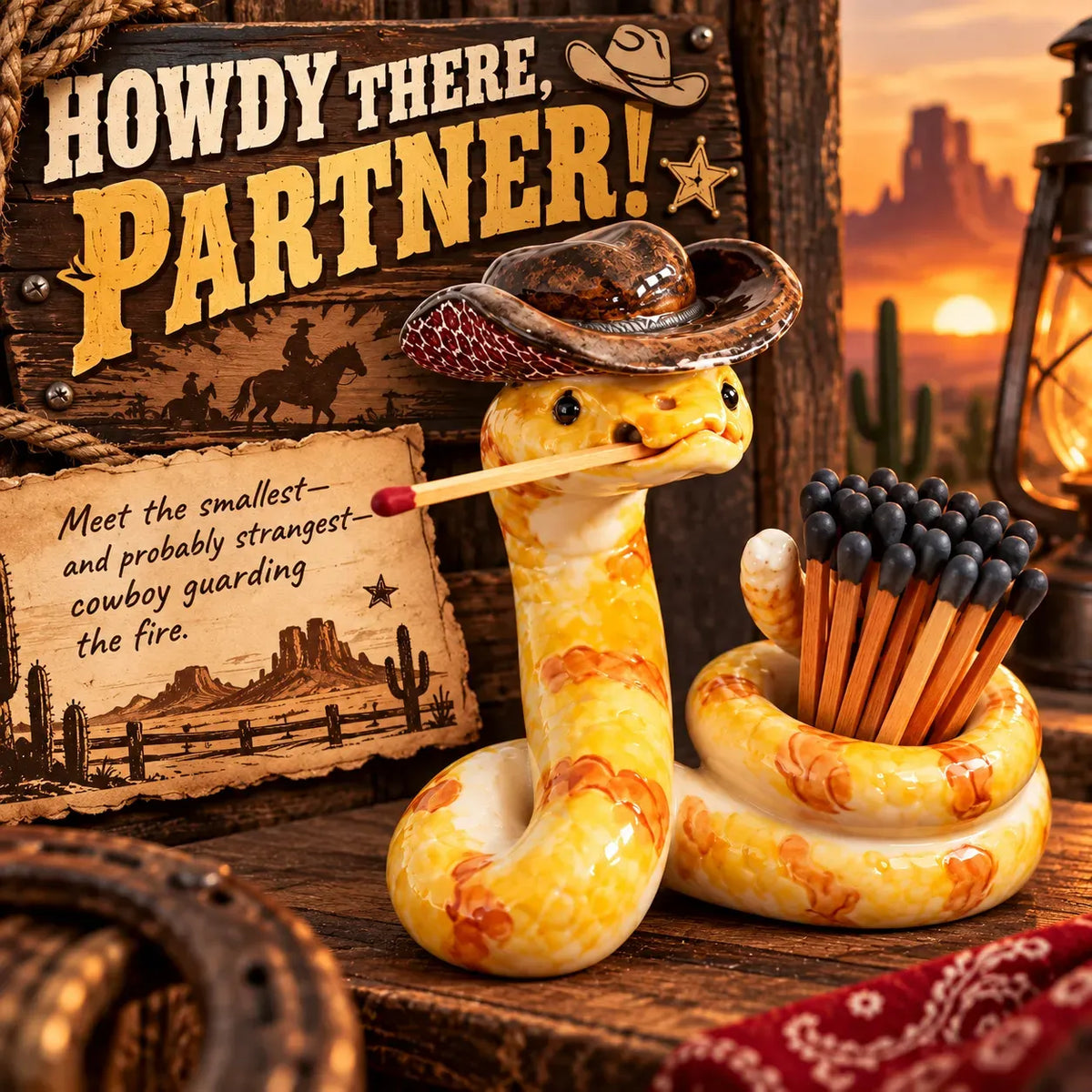 ⏳ Last Day 49% OFF – 🤠 The Cowboy RattlerTM Match Holder | Funny Western Snake Décor for Cabins, Mantels & Bars 🐍