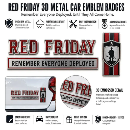 RED Friday 3-Piece 3D Metal Car Emblem Set – Remember Everyone Deployed Military Tribute Badges