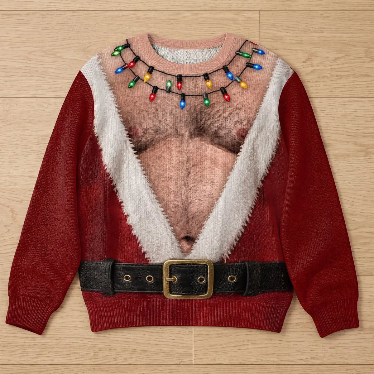 Funny Hairy Chest Santa Lights Ugly Christmas Sweater🎅