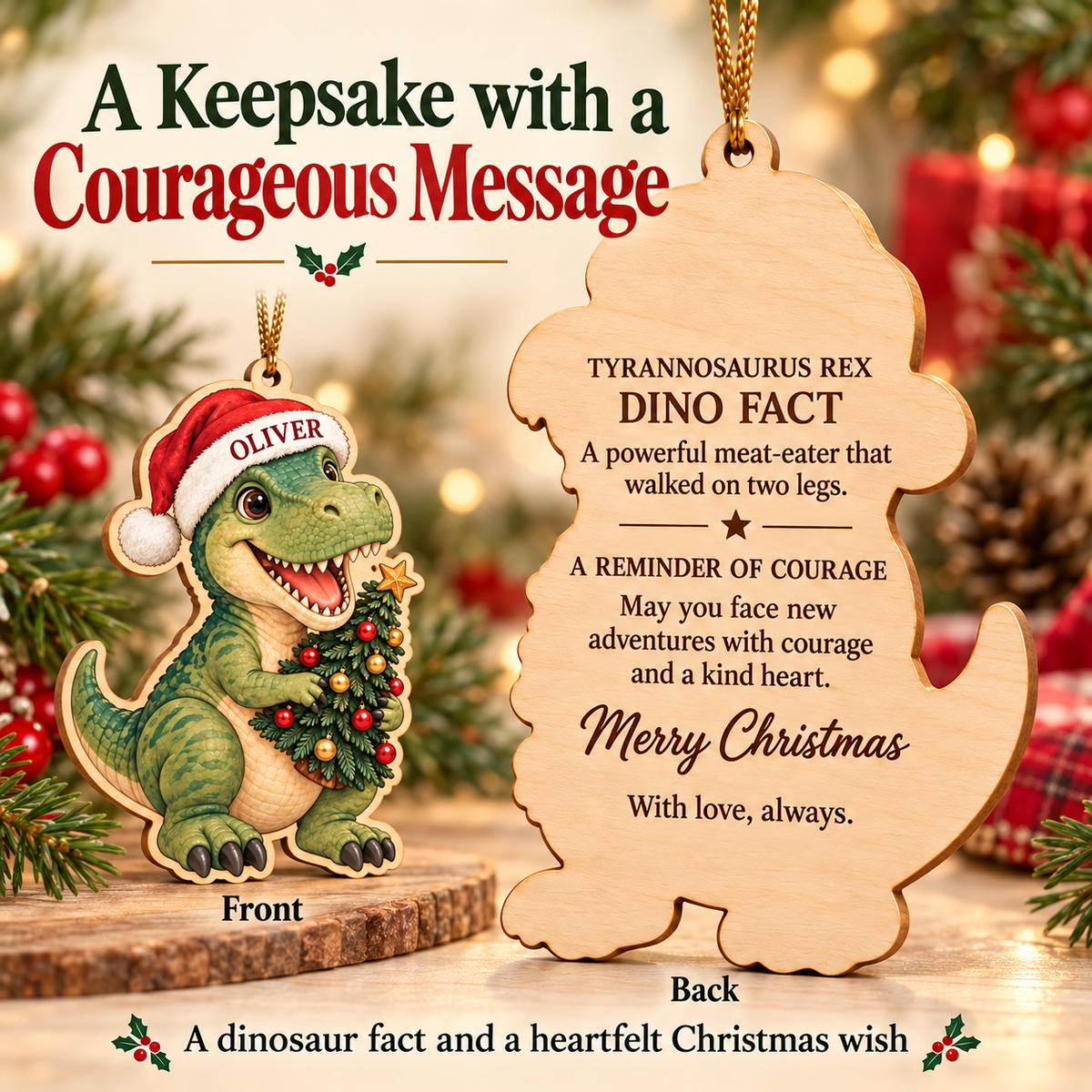 🔥Last Day 50% OFF -🦖 Personalized Dinosaur Christmas Ornament | Custom Name Wood Keepsake with Dino Facts & Wishes 🎄