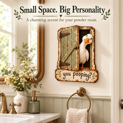🦆 "You Pooping?" Cheeky Goose Rustic Metal Bathroom Sign | Funny Farmhouse Toilet Decor & Gag Gift