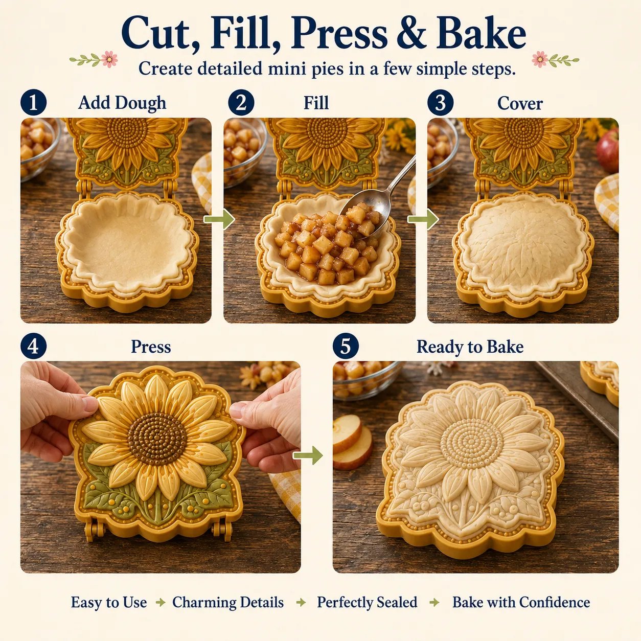 ⏳ Last Day 50% OFF – 🌸 8-Design Spring Garden Mini Pie Mold Collection | Reusable Embossed Molds for Shaping Detailed Bee, Butterfly, Ladybug, Sunflower, Cottage & More 🥧✨