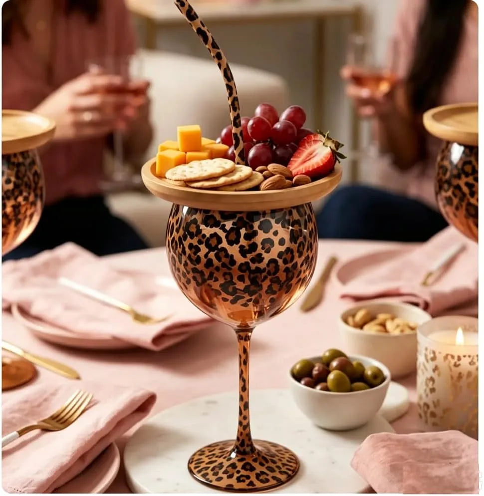 Leopard Print Glass Gift Set Stemmed Wine Glasses with Charcuterie Board
