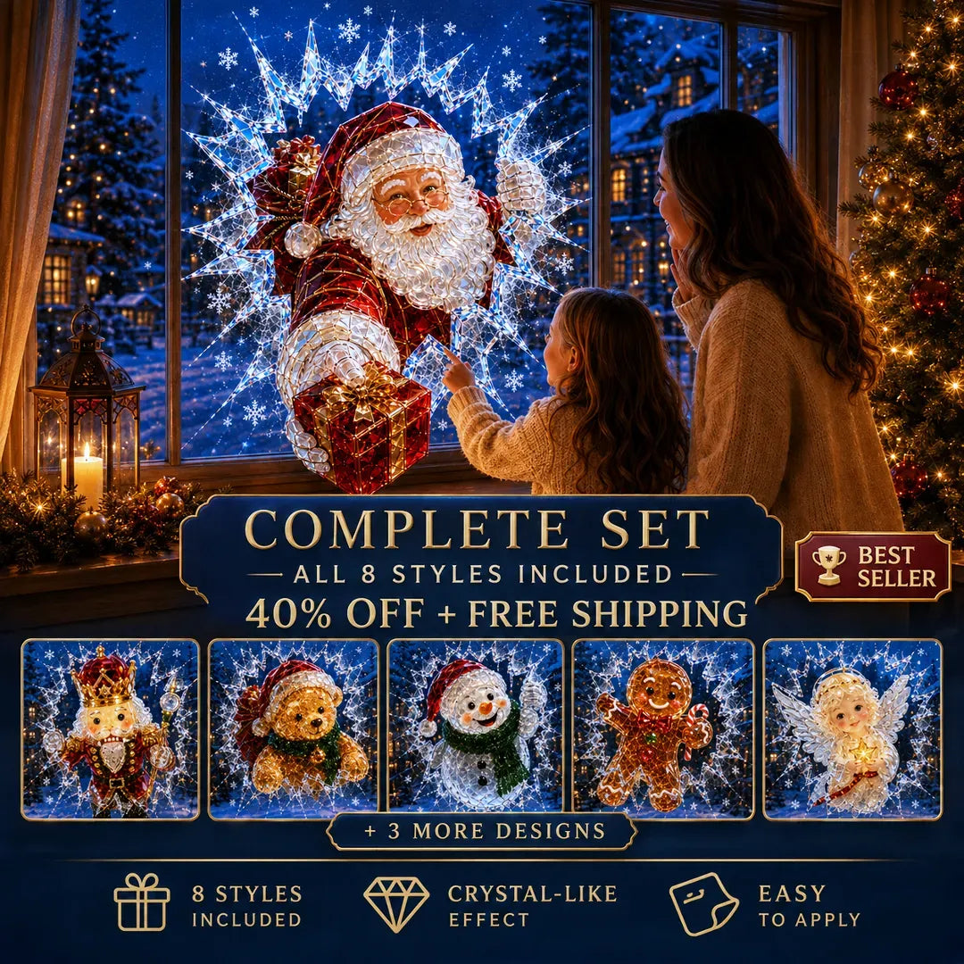 🎄Crystal Christmas Break-In Window Decal | Shattered Glass Illusion with Sparkling Holiday Characters for Magical Window Decorations ✨🎅