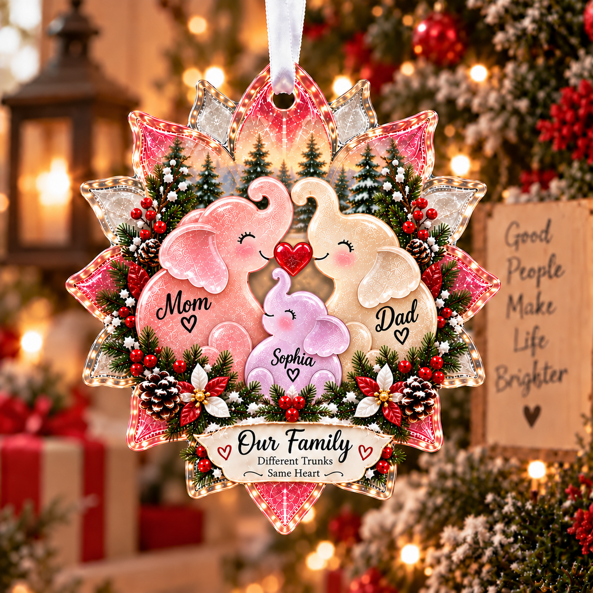 Personalized Elephant Family Sea Glass Style Christmas Ornament
