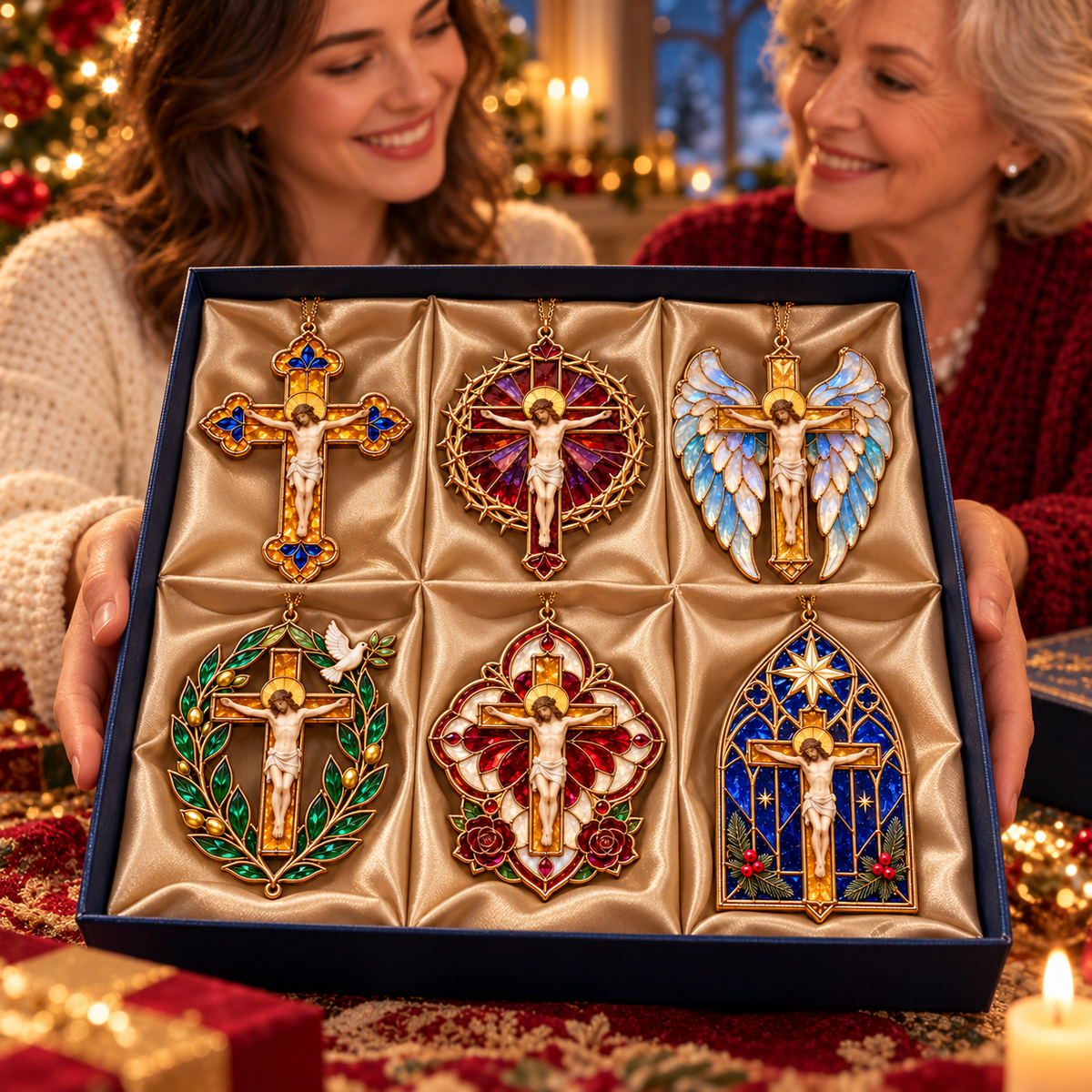 2026 Sacred Light — Vintage Stained Glass–Style Crucifix Christmas Ornaments | Set of 6