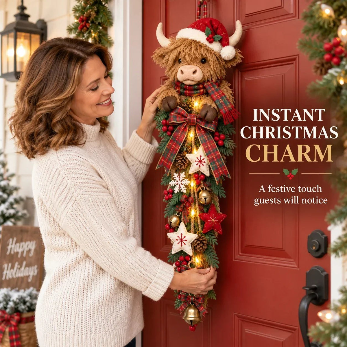 🐮🎄 Lighted Highland Cow Christmas Door Swag – A Cozy Holiday Welcome