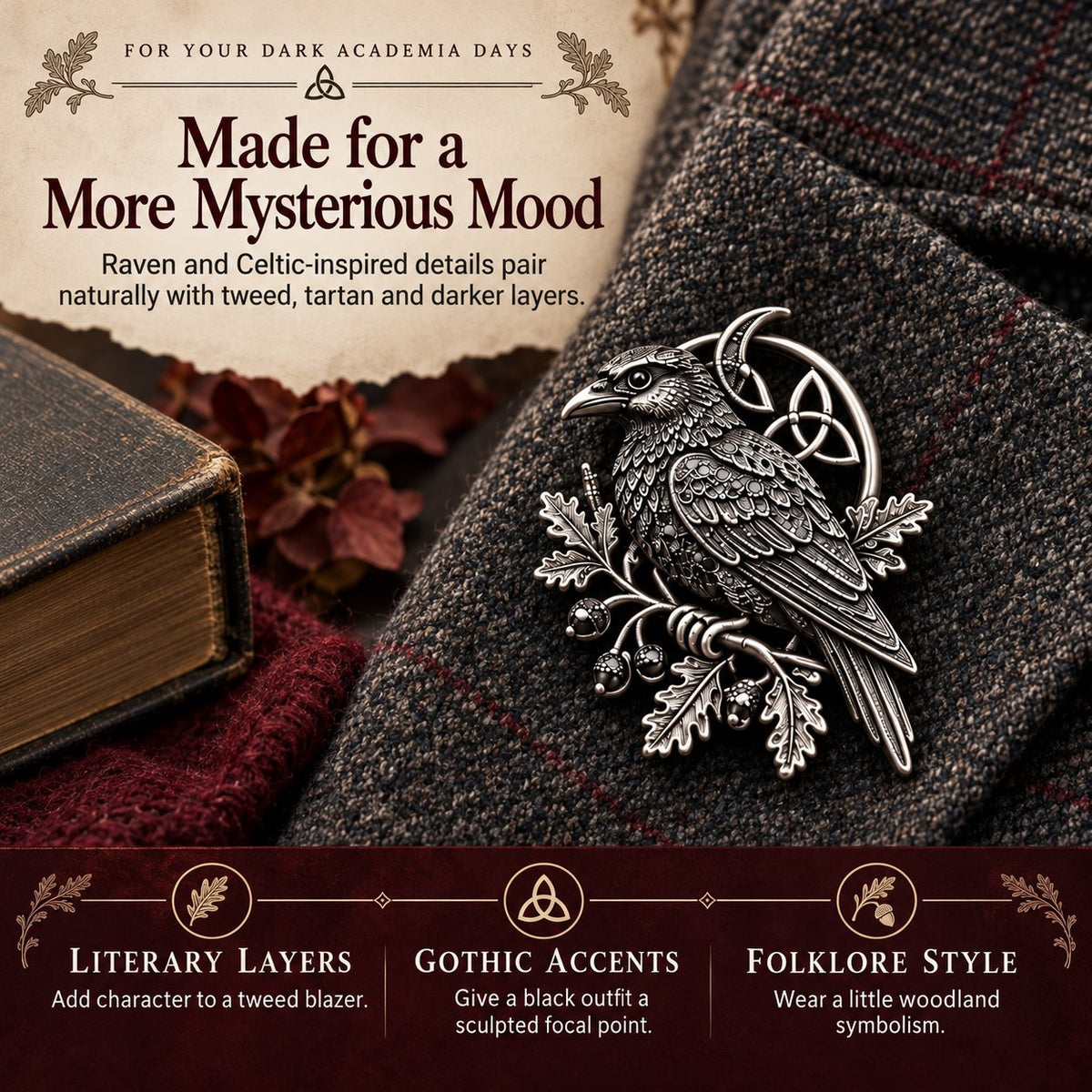🔥LAST DAY 50% OFF - 🐦‍⬛ Gothic Celtic Raven Brooch – Dark Academia Statement Pin