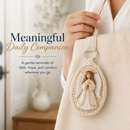 🙏 Handmade Marian Crochet Keychain Keepsake | Soft Blue-and-White Yarn, Raised Oval Crochet Frame & Metal Split Ring 💙✨