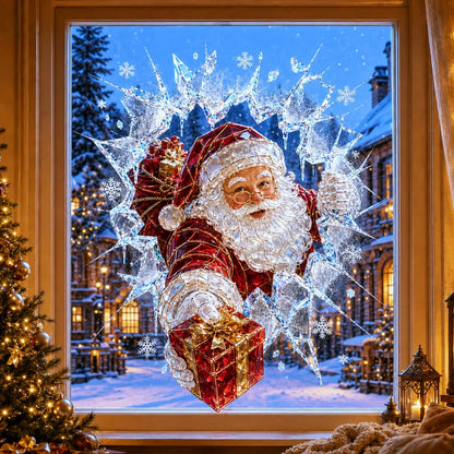 🎄Crystal Christmas Break-In Window Decal | Shattered Glass Illusion with Sparkling Holiday Characters for Magical Window Decorations ✨🎅
