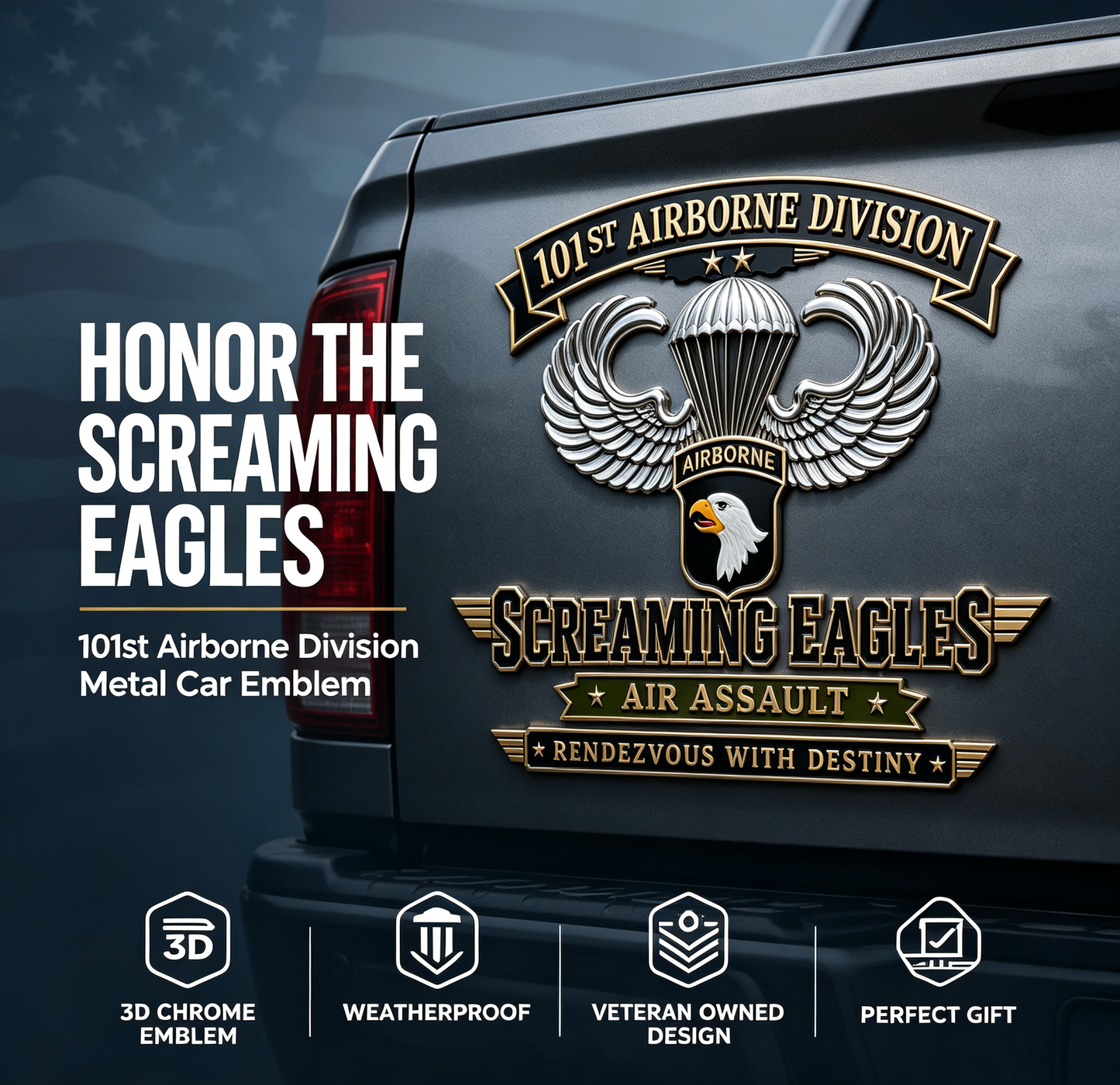 101st Airborne Division Screaming Eagles Metal Car Emblem
