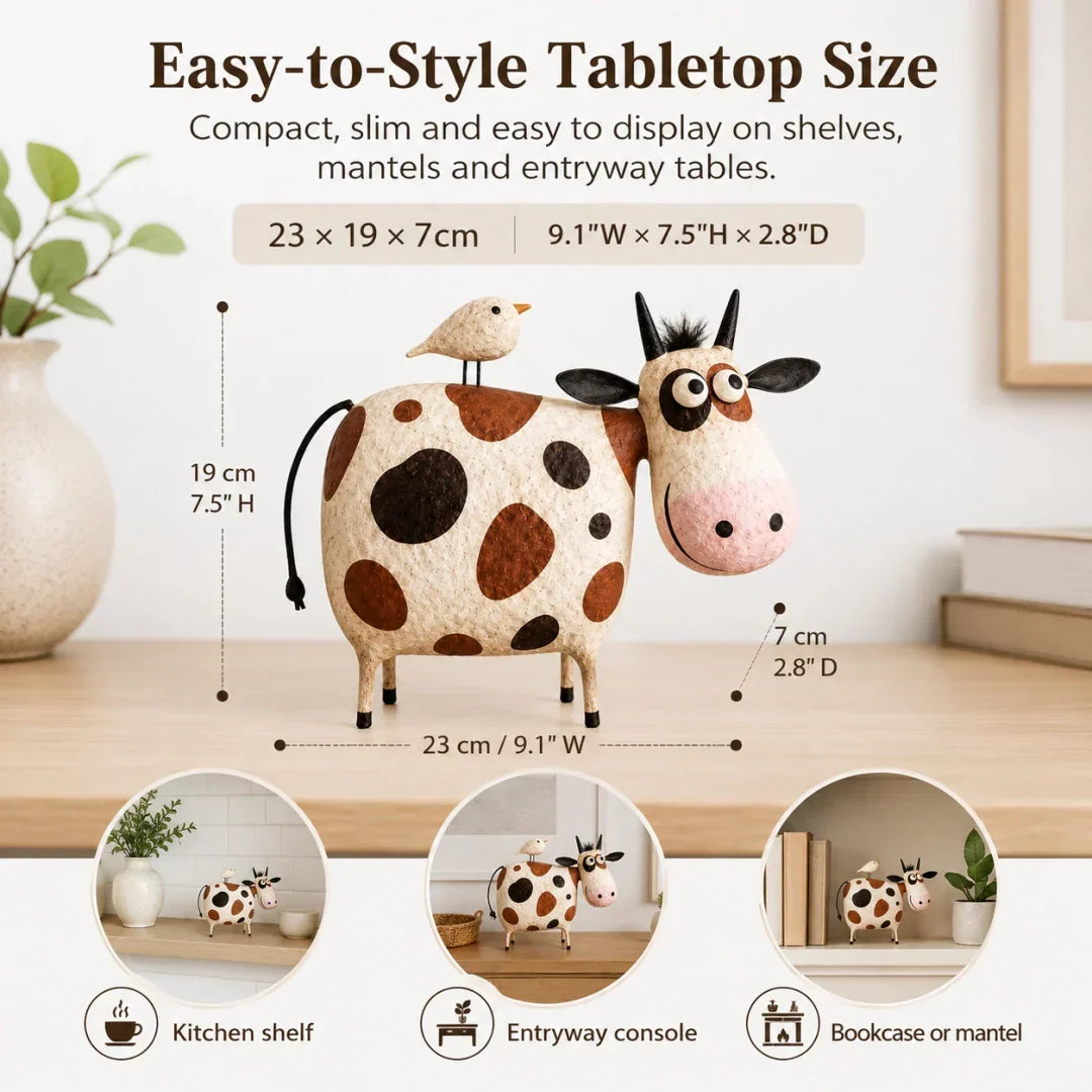 Whimsical Cow & Bird Folk Art Figurine – Rustic Farmhouse Tabletop Decor Gift