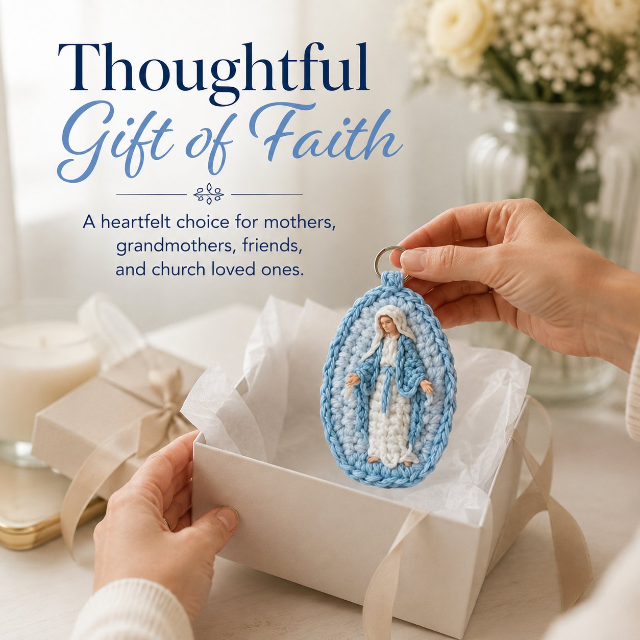 🙏 Handmade Marian Crochet Keychain Keepsake | Soft Blue-and-White Yarn, Raised Oval Crochet Frame & Metal Split Ring 💙✨
