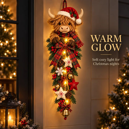 🐮🎄 Lighted Highland Cow Christmas Door Swag – A Cozy Holiday Welcome