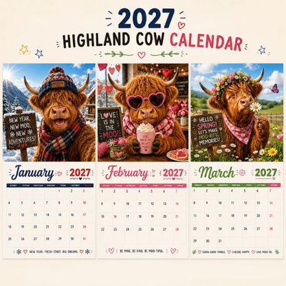 2027 Funny Highland Cow Wall Calendar | A4 Hanging Calendar | Designed by Isabel Kline