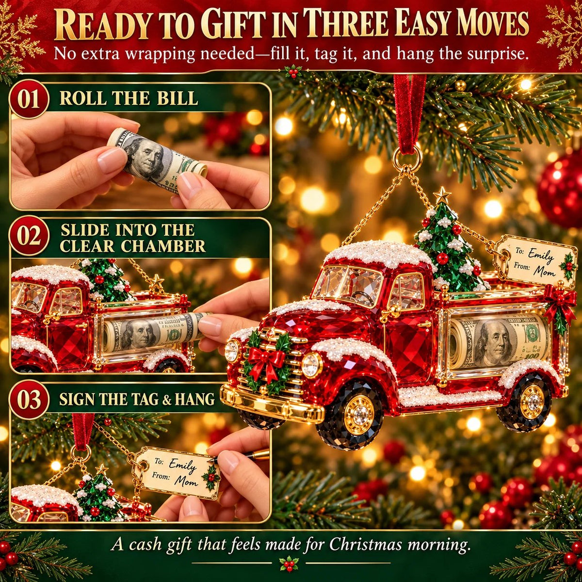 🎄 Christmas Cash Gift Ornament | 20 Crystal-Style Designs with Money Holder & Gift Tag 🎁