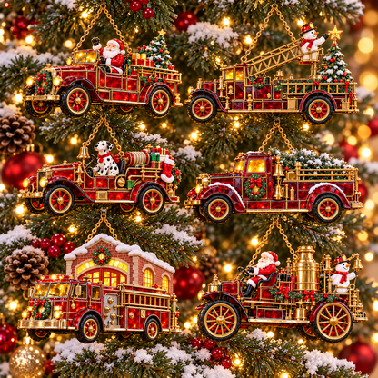 2026 Vintage Fire Truck Christmas Ornaments – Set of 6 | Stained-Glass Style with Festive Holiday Scenes & Golden Accents