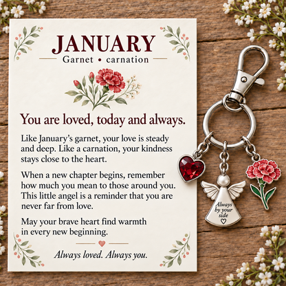 ⏳ Last Day 50% OFF —👼 Always By Your Side: Birth Month Angel & Flower Keychain + Keepsake Card 🌸