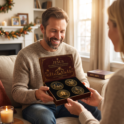 ✝️ Jesus Christmas Commemorative Coin Set | 4‑Piece Faith Collectible Coins Premium Magnetic Gift Box