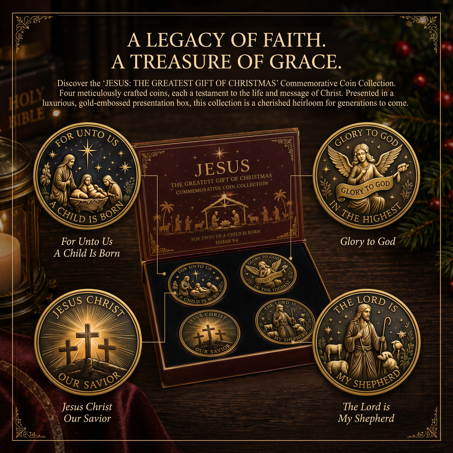 ✝️ Jesus Christmas Commemorative Coin Set | 4‑Piece Faith Collectible Coins Premium Magnetic Gift Box