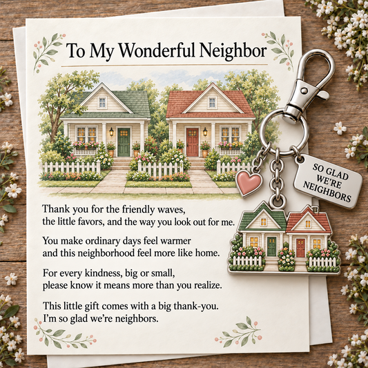 "So Glad We're Neighbors" Keychain & Keepsake Card Set 🏡💖 | The Perfect Thank You Gift