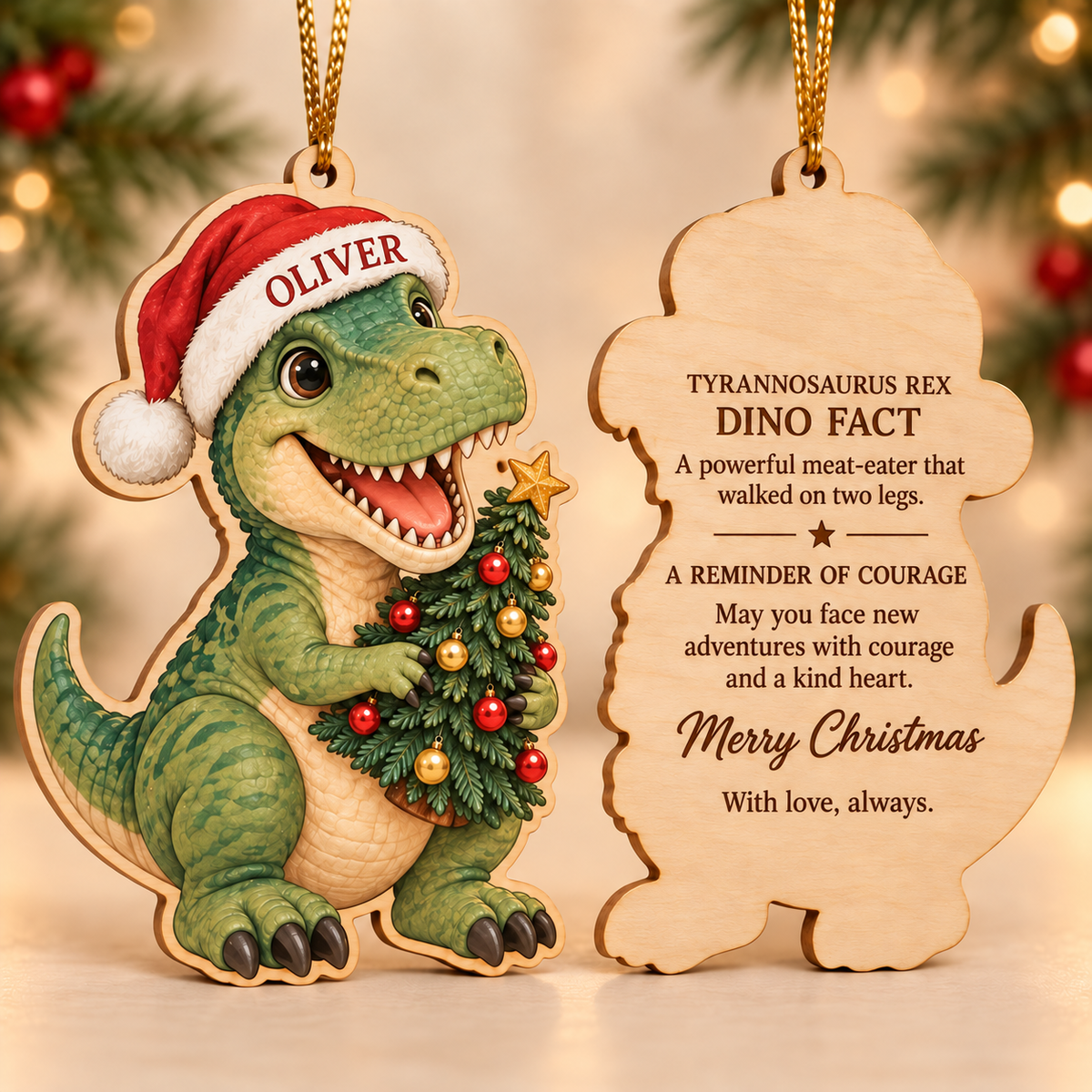 🔥Last Day 50% OFF -🦖 Personalized Dinosaur Christmas Ornament | Custom Name Wood Keepsake with Dino Facts & Wishes 🎄