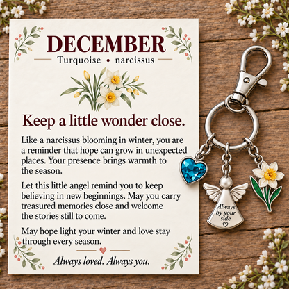 ⏳ Last Day 50% OFF —👼 Always By Your Side: Birth Month Angel & Flower Keychain + Keepsake Card 🌸