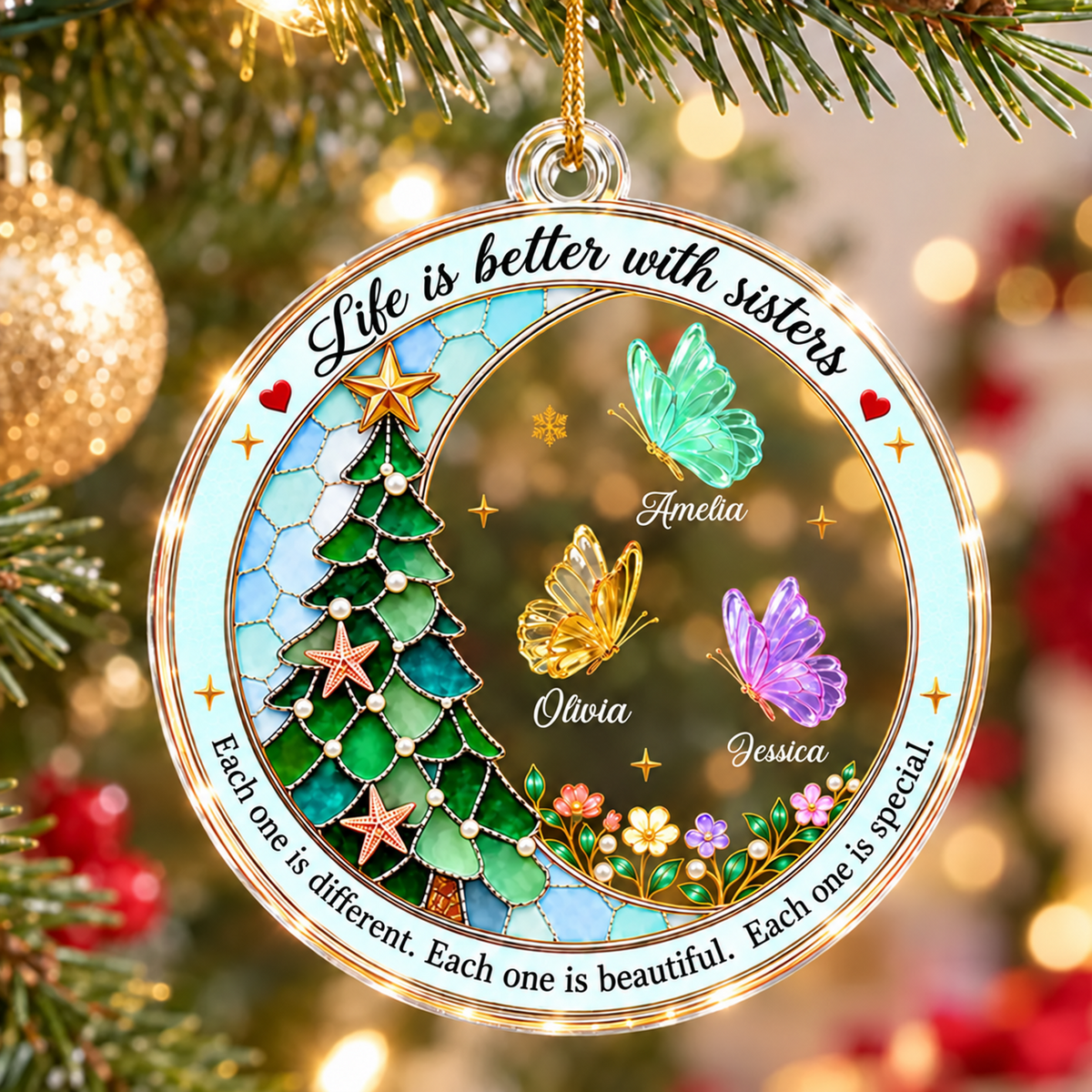 Personalized Sisters Christmas Ornament – Custom Butterfly Names Acrylic Ornament