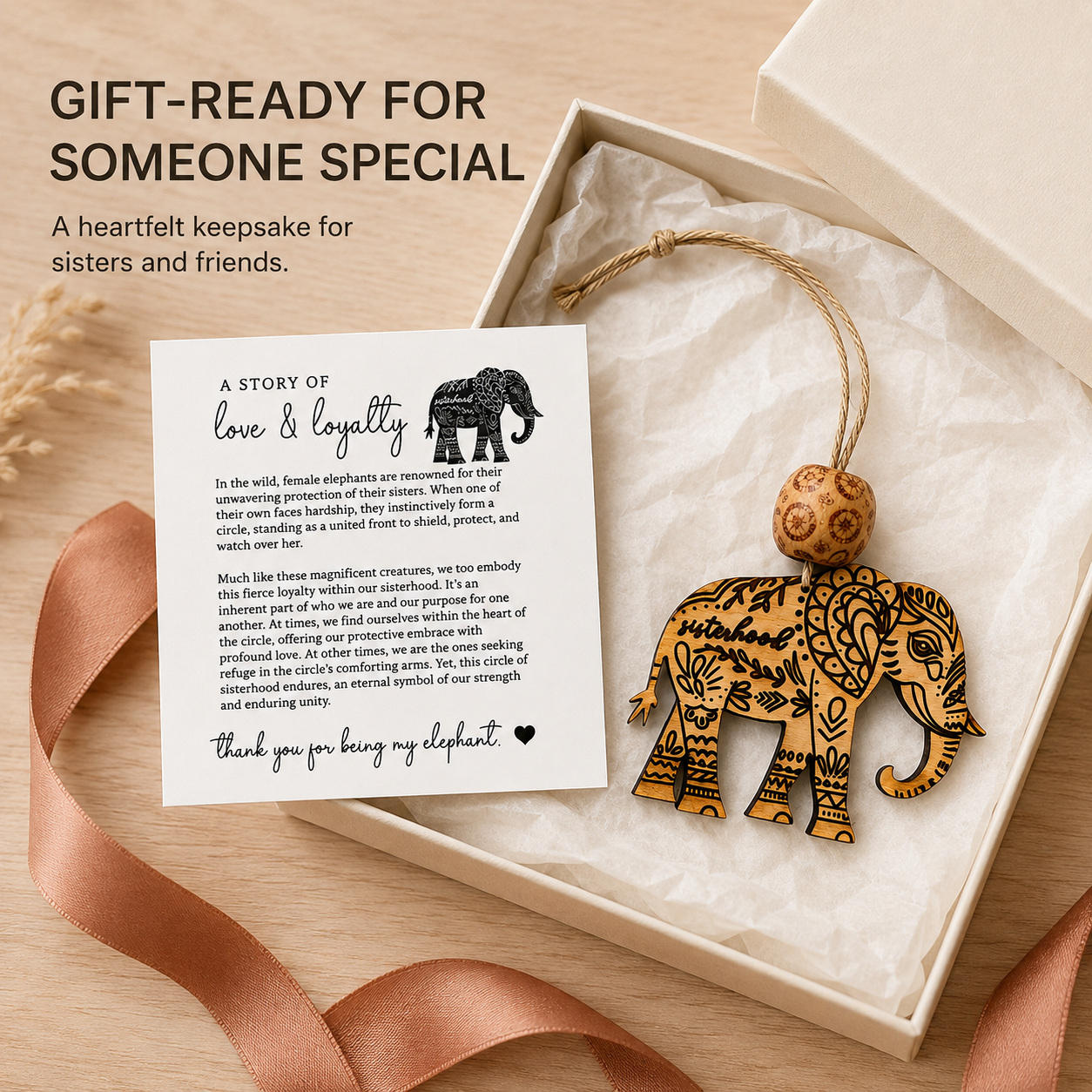 "Thank You For Being My Elephant" 🐘 Sisterhood Wooden Ornament & Story Card Gift Set
