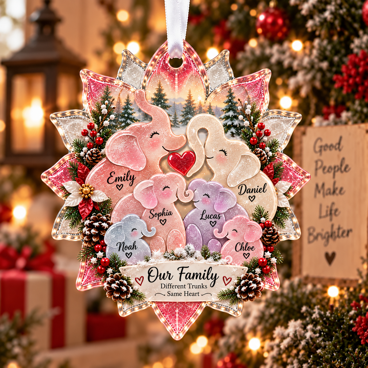 Personalized Elephant Family Sea Glass Style Christmas Ornament