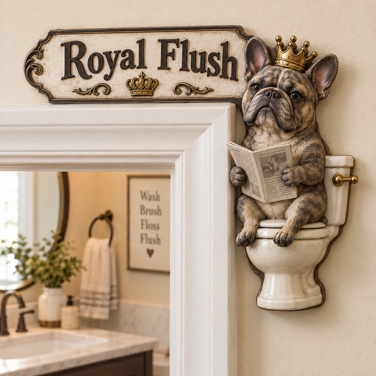👑 "The Royal Flush" Frenchie Door Frame Decor | Hilarious Bathroom Wall Art 🐶🚽