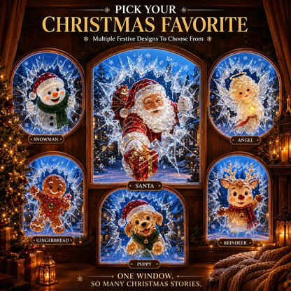 🎄Crystal Christmas Break-In Window Decal | Shattered Glass Illusion with Sparkling Holiday Characters for Magical Window Decorations ✨🎅