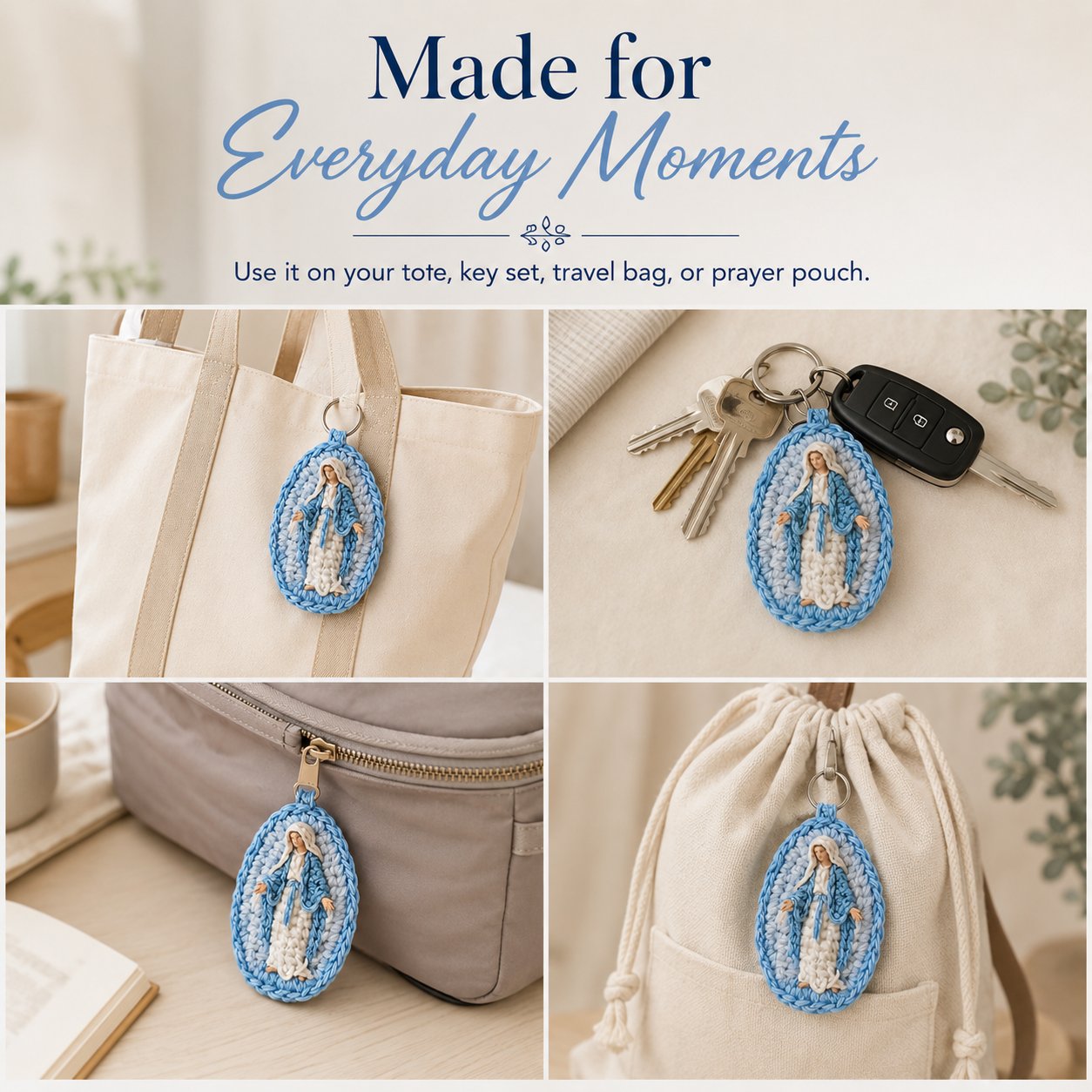 🙏 Handmade Marian Crochet Keychain Keepsake | Soft Blue-and-White Yarn, Raised Oval Crochet Frame & Metal Split Ring 💙✨