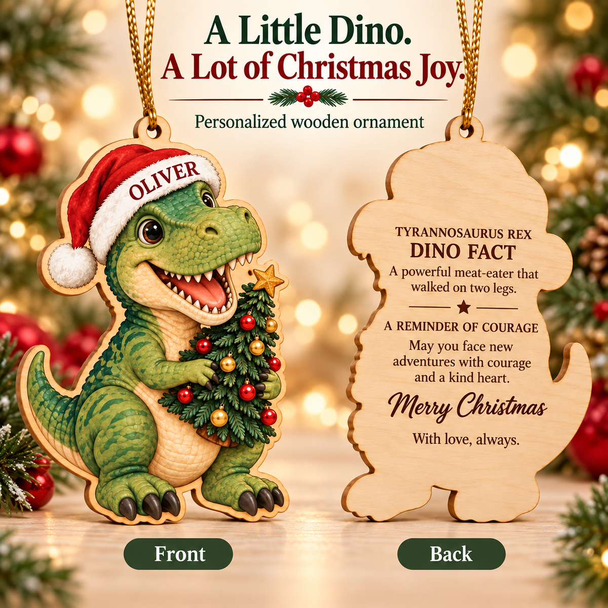 🔥Last Day 50% OFF -🦖 Personalized Dinosaur Christmas Ornament | Custom Name Wood Keepsake with Dino Facts & Wishes 🎄