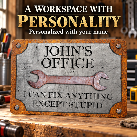 🔥Last Day 50% OFF -Custom "I Can Fix Anything Except Stupid" Vintage Metal Sign | Personalized Garage & Workshop Wall Art 🛠️