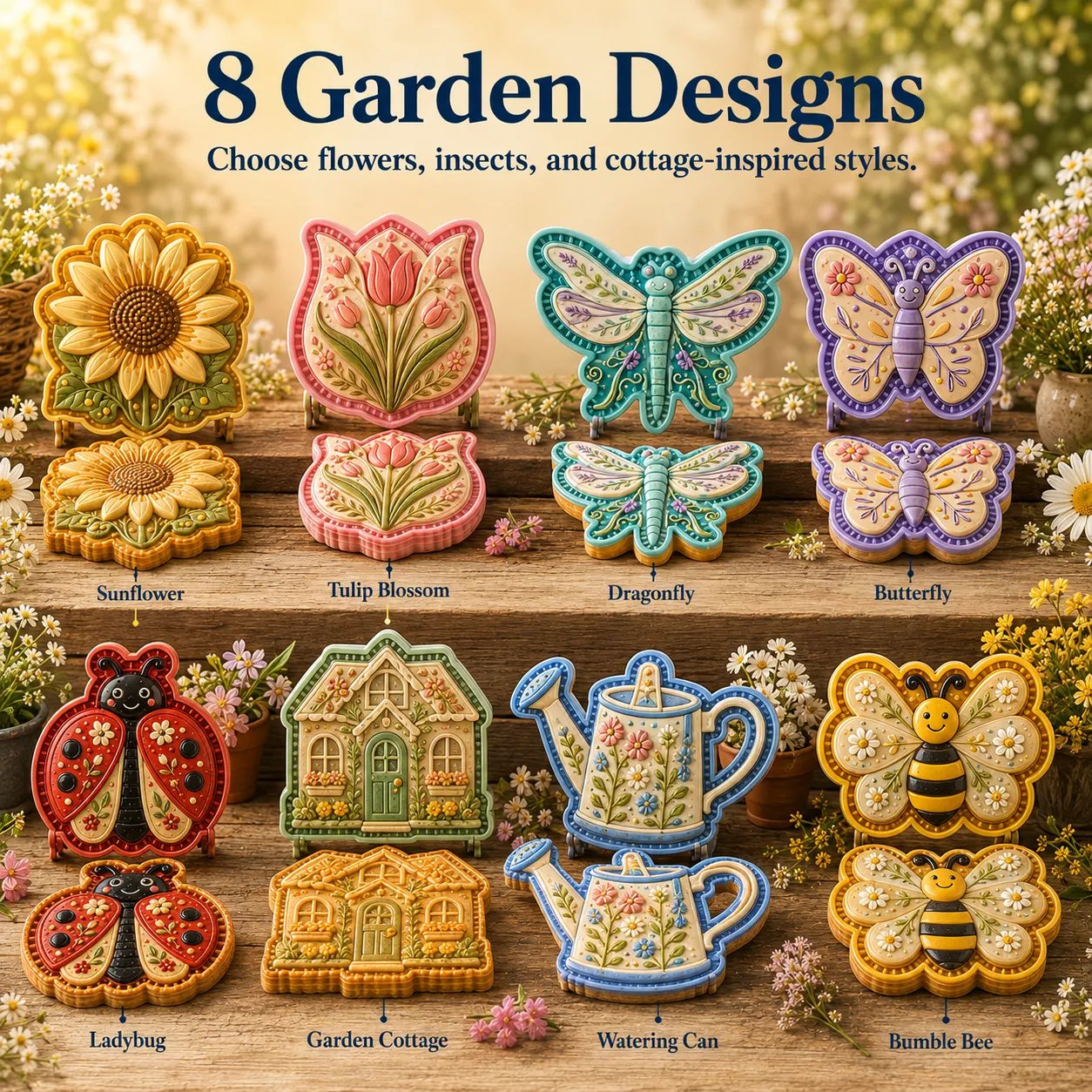 ⏳ Last Day 50% OFF – 🌸 8-Design Spring Garden Mini Pie Mold Collection | Reusable Embossed Molds for Shaping Detailed Bee, Butterfly, Ladybug, Sunflower, Cottage & More 🥧✨