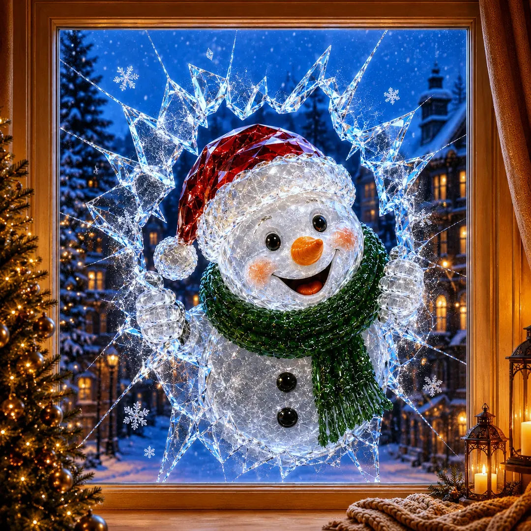 🎄Crystal Christmas Break-In Window Decal | Shattered Glass Illusion with Sparkling Holiday Characters for Magical Window Decorations ✨🎅