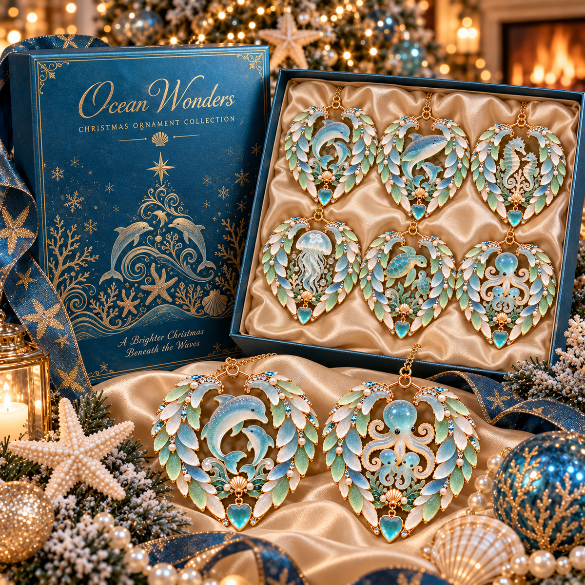 2026 Ocean Wonders Christmas Ornaments – 6-Piece Coastal Sea Life Heart Ornament Collection | Unique Christmas Tree Decorations & Gifts for Ocean Lovers