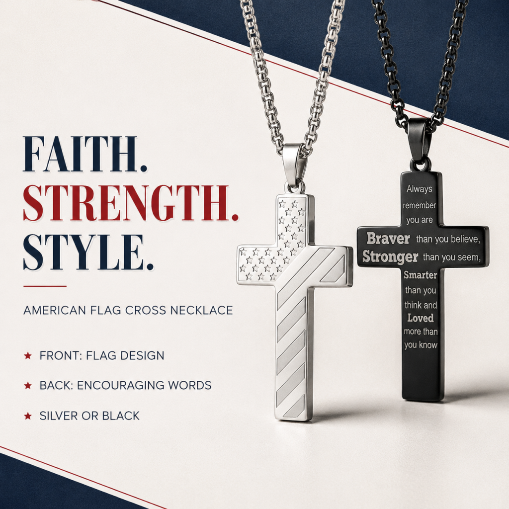 Men’s American Flag Cross Necklace | Wear Your Faith & Inner Strength ✝︎ Braver Stronger Smarter Loved Engraved Pendant