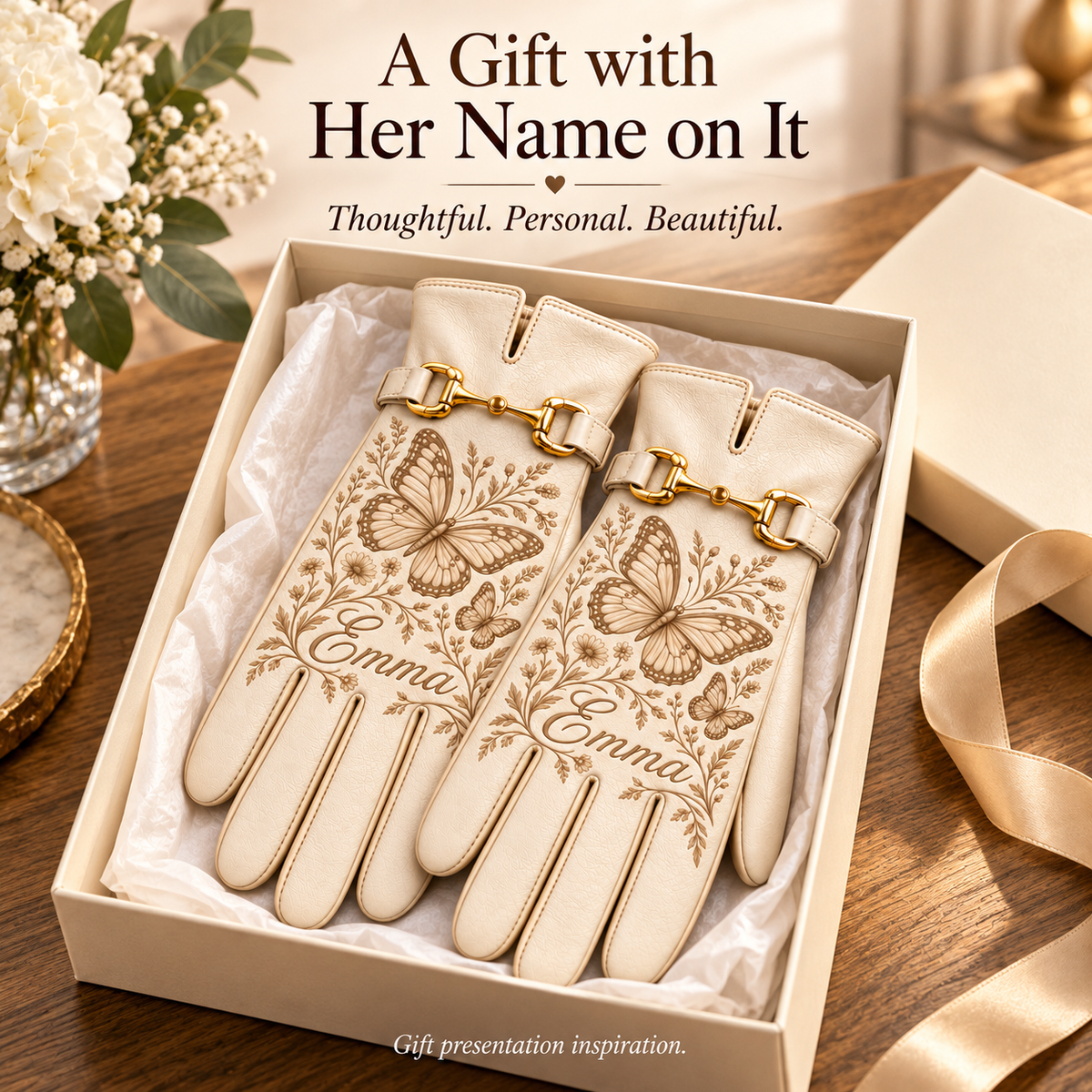 ✨ Personalized Elegance: Custom Engraved Leather Gloves with Gold Accent ✨