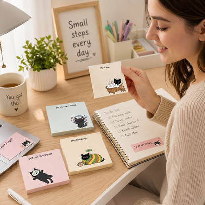 Black Cat Self-Care Sticky Notes, Cozy Introvert Desk Pad (4 Pack)